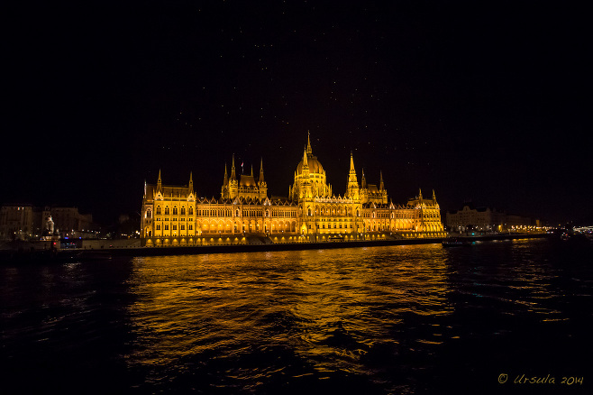 Night view of the Hungarian Parliament Buildings from the Danube, Budapest