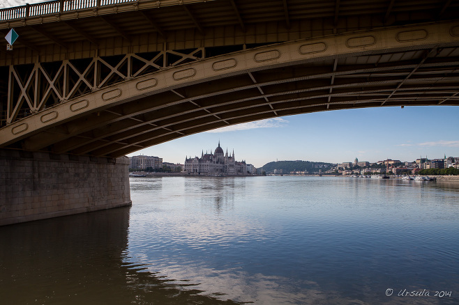 View under Margaret Bridge toward the Hungarian Parliament Building, Budapest