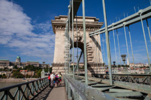 Pedestrians on Széchenyi Chain Bridge, Budapest Hungary
