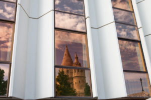Fisherman's Bastion reflected in shop windows, Buda Hill Budapest Hungary