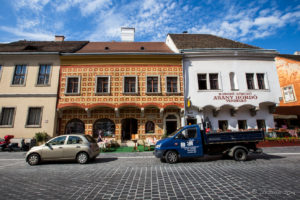 Colourful building fronts, Buda Street, Hungary
