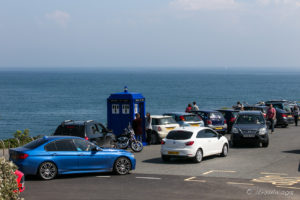 Police Call Box and parked cars on Pendennis Point, Falmouth Cornwall UK