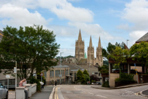 The spires of the Euro Cathedral rise above the streets, Cornwall UK.