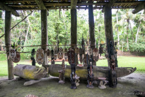 Painted Carvings in a spirit house, Kanganaman Village, PNG