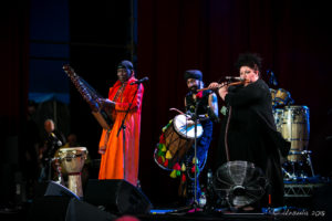N'Faly Kouyate, Johnny Kalsi and Ríoghnach Connolly on stage with Afro Celt Sound System, Bluesfest Byron Bay 2018, au