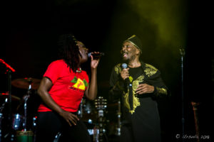 Jimmy Cliff and his singer on stage at Byron Bay Bluesfest 2018, AU