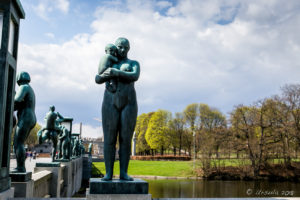 Vigeland statue of a mother standing with her child, Frogner Park Oslo Norway