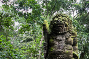 Moss and lichen covered Monkey Guardian statue, Monkey Forest Ubud Bali