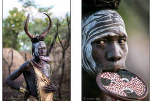 Two pictures of a Mursi woman in Face Paint, cow horns and a large Lip Plate, Mago National Park, Ethiopia