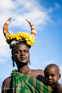 Mursi woman in a Fruit and Horn headdress, Omo Valley Ethiopia
