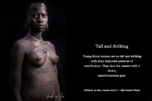 Photo: Young Mursi woman with scarification. Words: Tall and striking
