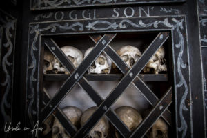 Skulls on shelves, Oratorio Sant'Anna with ossuary, Poschiavo Switzerland