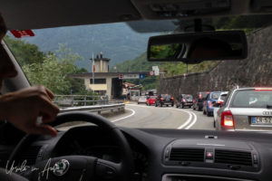 The border between Switzerland and Italy from inside a car, Poschiavo.
