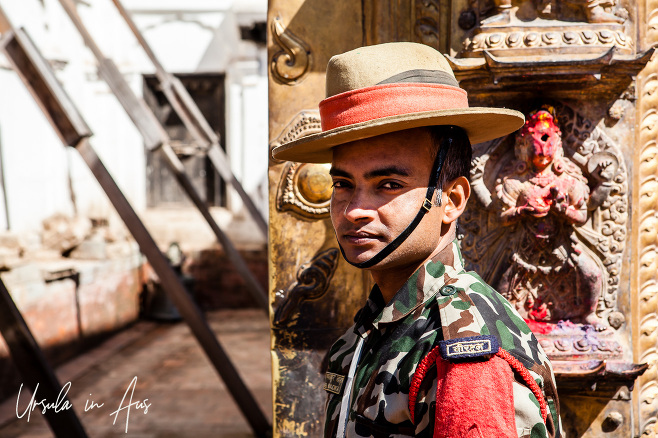 Nepali Gurkha Guard outside the Golden Gate, Bhaktapur, Nepal