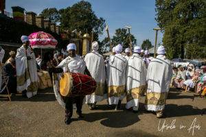 Ethiopian man with a kebero drum, Entoto Maryam Church, Addis Ababa