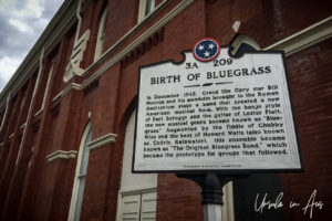 Birth of Bluegrass signpost outside the Ryman Auditorium, Nashville USA