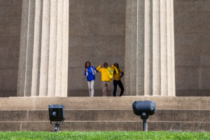 School children posing at the pillars of the Parthenon, Nashville USA
