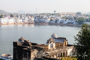 View over Lake Pushkar from Rajbohra Ghat, India