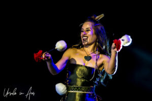 Female Maori dancer with poi on stage at Bluesfest Byron Bay 2019, Australia