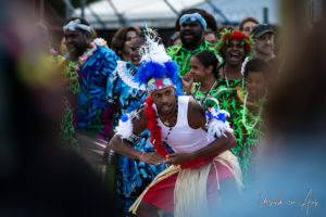 Male Malu Kiai Mura Buai dancer in a shark headdress, Boomerang Byron Bay 2019
