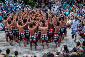 Balinese men in the Kecak monkey chorus, Uluwatu, Bali