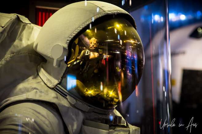 Shiny face mask on Space Suit, The Space Center Houston US
