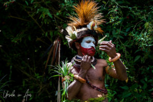 Huli wigman applying facepaint, Paiya Village Papua New Guinea