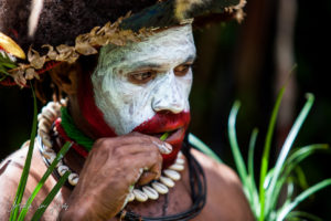 Huli wigman chewing a green twig,, Paiya Village Papua New Guinea