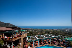 View over a Mijas Pueblo restaurant to the Mediterranean, Spain