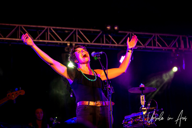 Stage portrait of Leesa Gentz singing, Byron Bay Bluesfest 2019, AU