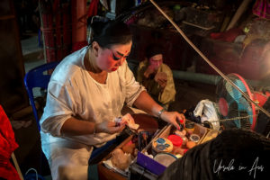 Chinese opera performer with a makeup tray, Chao Zhou Shi Kong Shrine, Bangkok