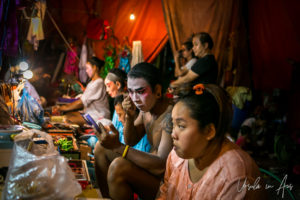 Chinese opera performers applying makeup, Chao Zhou Shi Kong Shrine, Bangkok