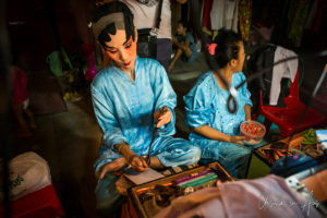 Chinese opera performer with a makeup tray, Chao Zhou Shi Kong Shrine, Bangkok