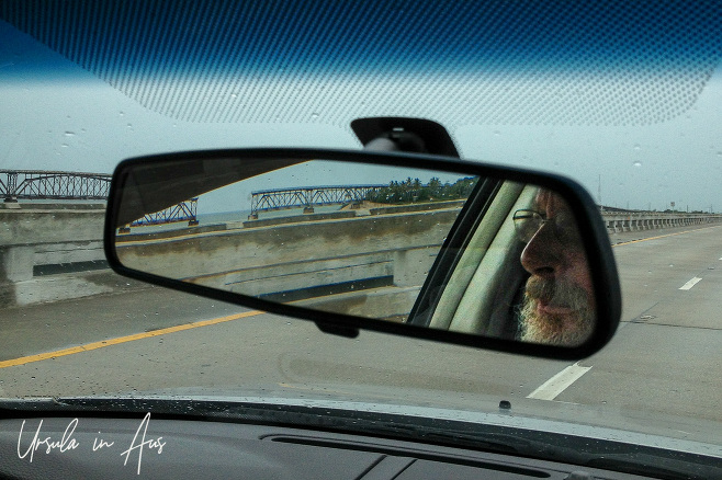 Seven Mile Bridge from a car windshield and rearview mirror, Florida Keys USA