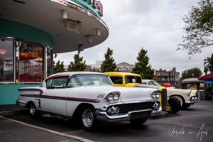 Classic cars outside Mel's Drive-In, Universal Studios Florida USA