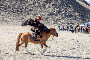 Eagle hunter horseback carrying a Golden Eagle, Golden Eagle Festival, Olgii Mongolia