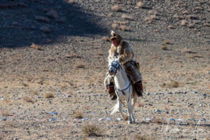 Eagle Hunter on a White Horse, Golden Eagle Festival, Olgii Mongolia