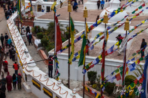 Prayer flags at the outer edge of Boudhanath stupa, Kathmandu Nepal