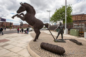 Sculpture of a rearing horse, The Great Escape, Liverpool UK