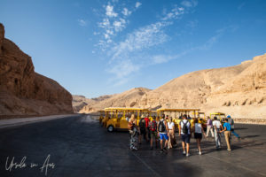 Tourists getting into shuttles, Valley of the Kings, Luxor Egypt