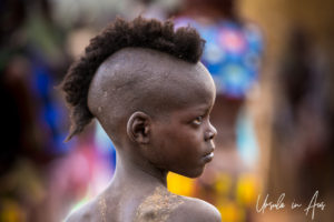 Portrait: Young Hamar boy, partially shaved for his initiation, Omo Valley Ethiopia
