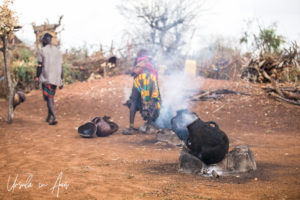 Pots sitting on fireplaces, Hamar Village, Omo Valley Ethiopia