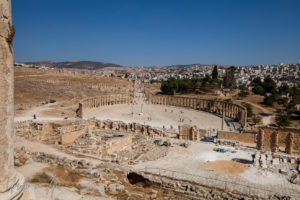 View over the Oval Plaza and modern Jerash from the Temple of Zeus, Jerash Jordan