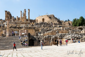 Tourists in the plaza in front of the South Theatre, Jerash Jordan