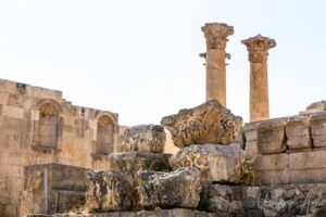 Columns ruins and cornice pieces, Temple of Zeus, Jerash Jordan