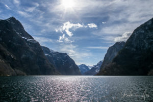 Sun high over Aurlandsfjord, Norway