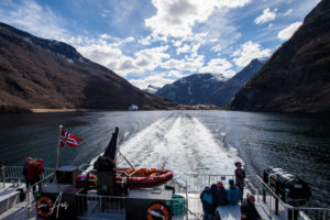 Wake of a sightseeing catamaran on Aurlandsvangen, Norway