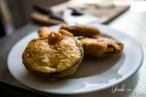Plate of Nepali eggplant fritters.