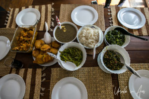 Dishes of Nepali food on a table top.