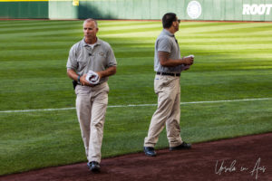 Safeco Field Security staff with baseball gift bundles, Seattle USA
